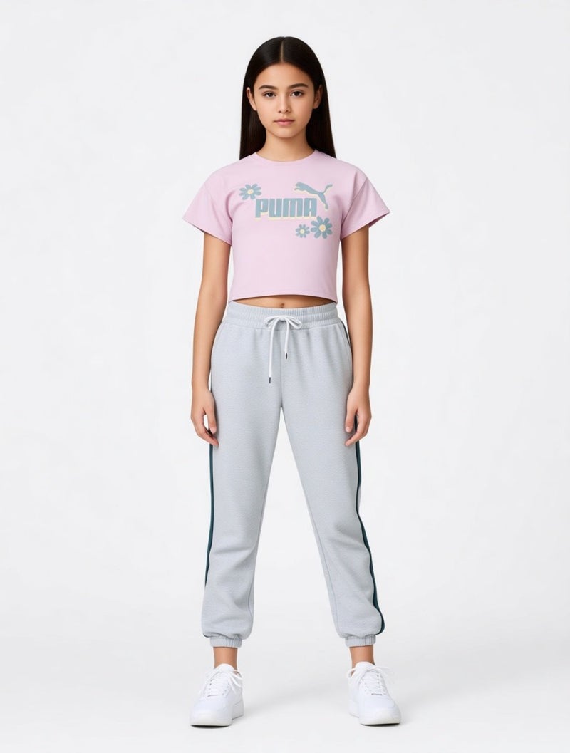 PUMA Kids Girl Brand Logo Summer Flower Outdoor Crop T-Shirt, Lilac - Image 1